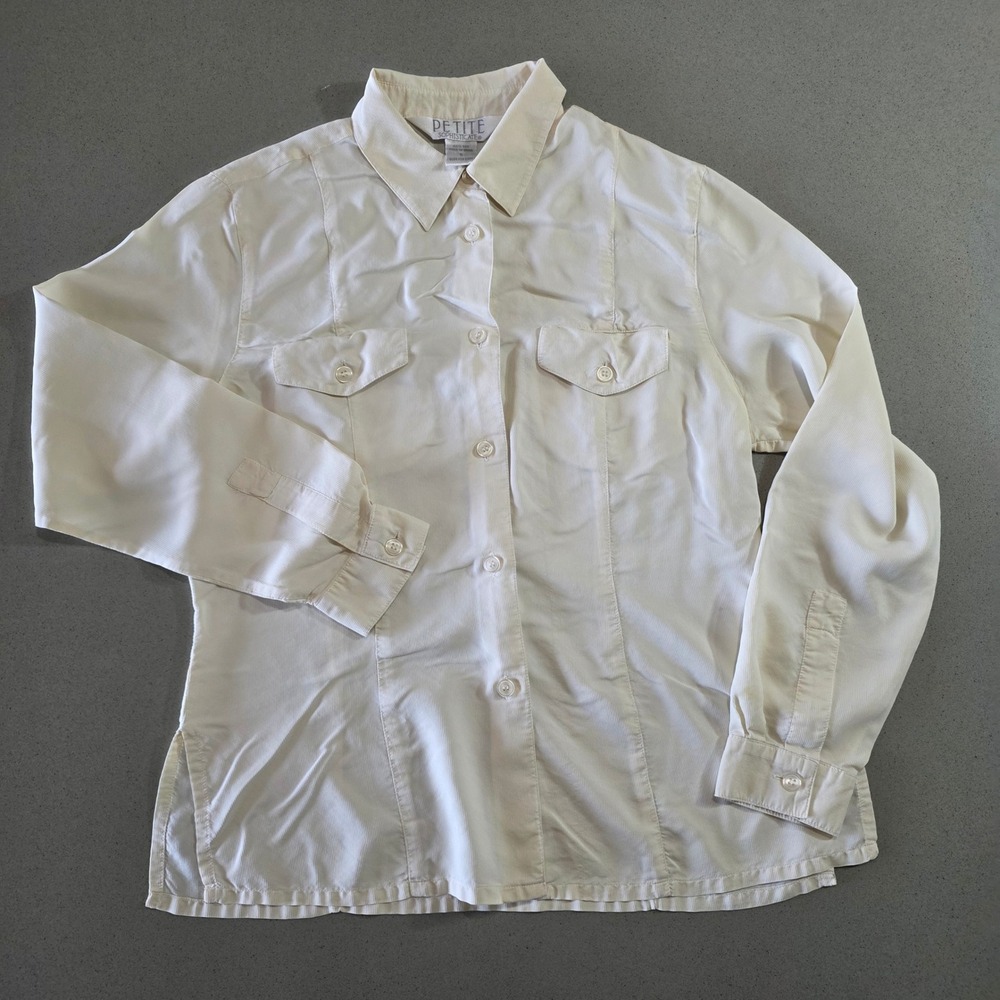 Petite Sophisticate Cream 100% Silk Ribbed Button Down Blouse Shirt Small